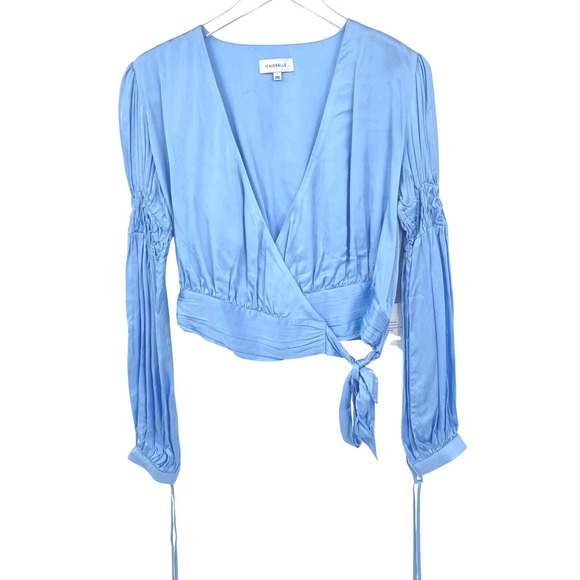 MAJORELLE Tops - New Majorelle Sugar Wrap Top Womens Small Blue Satin Plunge Western Festival